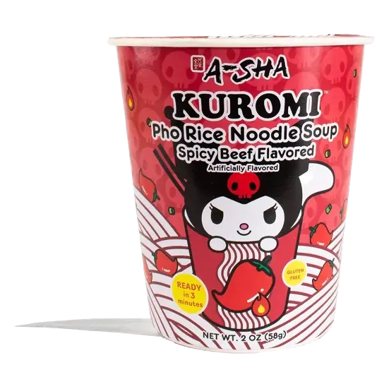 A-Sha Foods USA Gluten Free Hello Kitty Kuromi Spicy Beef Flavored Pho Rice Noodle Soup, 2oz