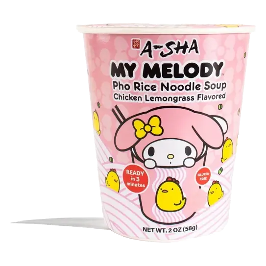 A-Sha Foods USA Gluten Free Hello Kitty My Melody Chicken Lemongrass Flavored Pho Rice Noodle Soup, 2oz