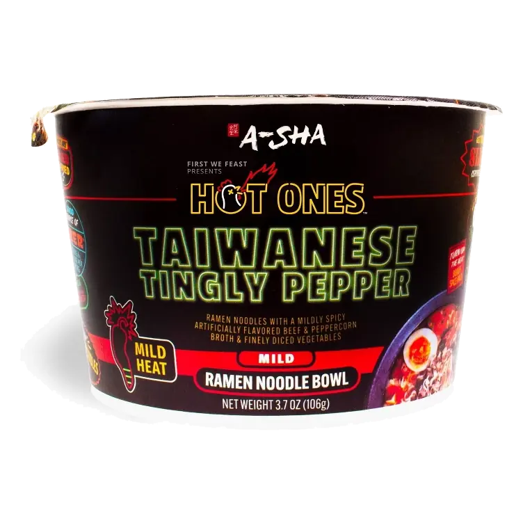 Hot Ones x A-Sha Taiwanese Tingly Pepper Mild Heat Plant Based Ramen Noodle Bowl, 3.7oz