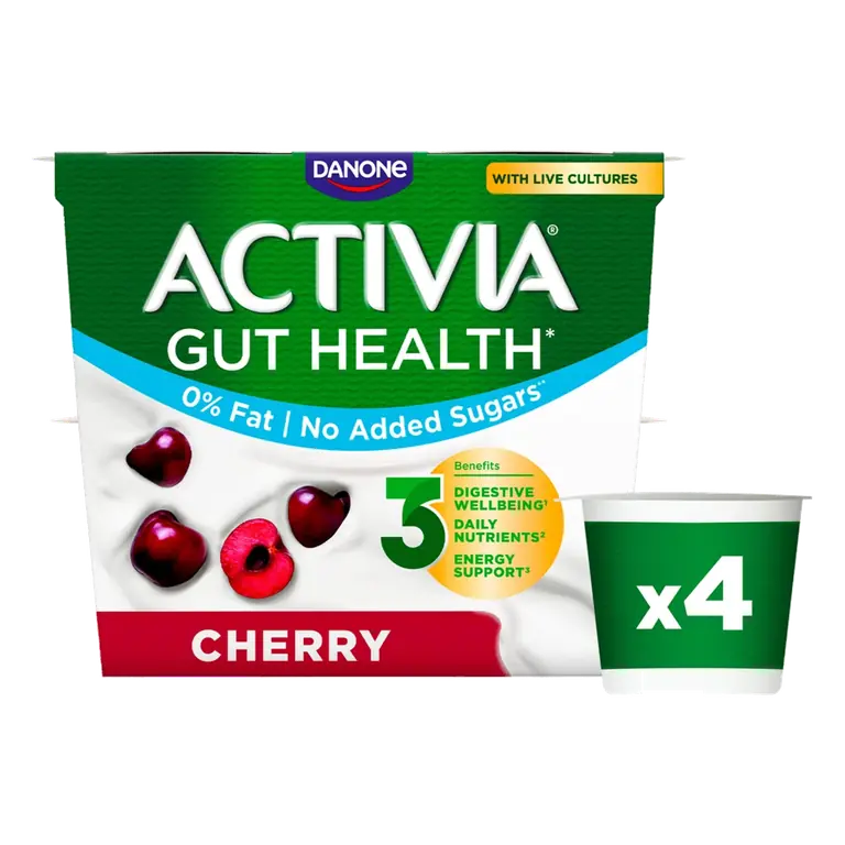 Activia Cherry Fat Free No Added Sugar Gut Health Fruit Yoghurt Multipack 4x115g