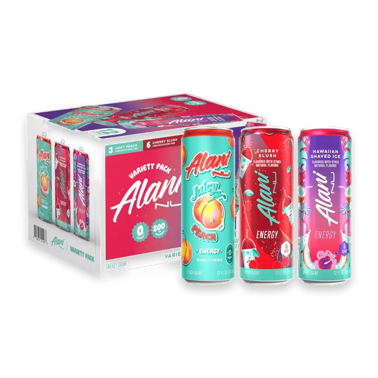 Alani Energy Drink Variety Pack, Cherry Slush, Juicy Peach, Hawaiian Shaved Ice (Pack of 12)