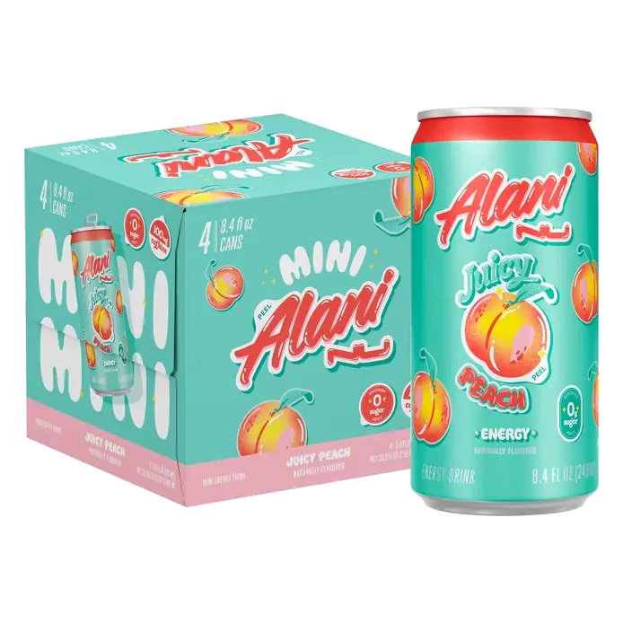 Alani Juicy Peach Energy Drink, 4pk/8.4 fl oz Cans: Caffeinated