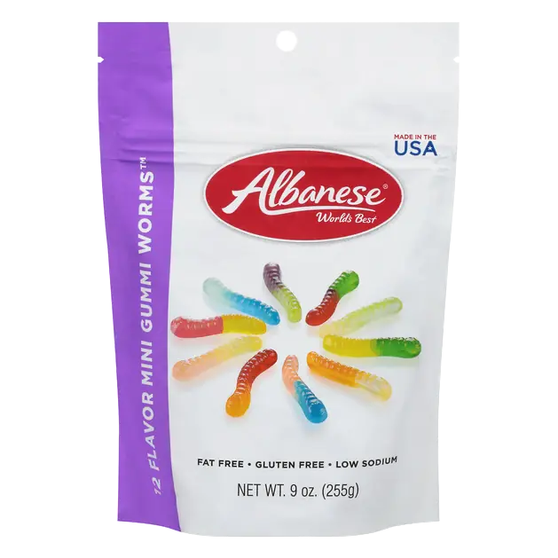 Mini Gummi Worms, Cherry, Strawberry, Mango, Pineapple, Lemon, Orange, Green Apple, Watermelon, Pink Grapefruit, Lime, Blue Raspberry, Grape