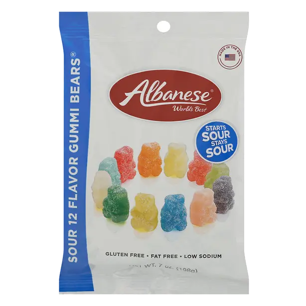 Sour Gummi Bears, Cherry, Strawberry, Mango, Pineapple, Lemon, Orange, Green Apple, Watermelon, Pink Grapefruit, Lime, Blue Raspberry, Grape