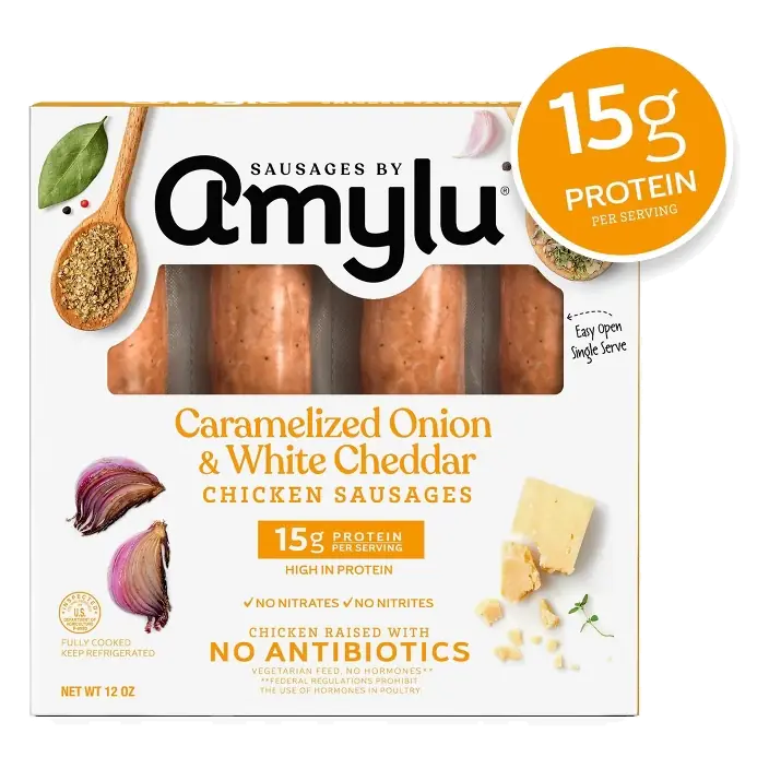 Amylu Chicken Sausage Caramelized Onion and White Cheddar, 12oz