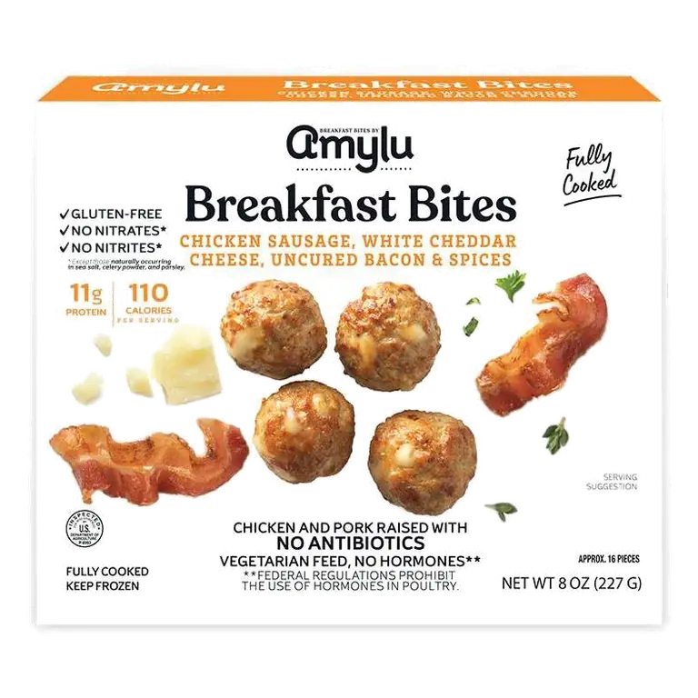 Amylu Foods White Cheddar and Bacon Chicken Sausage Breakfast Frozen Bites, 8oz