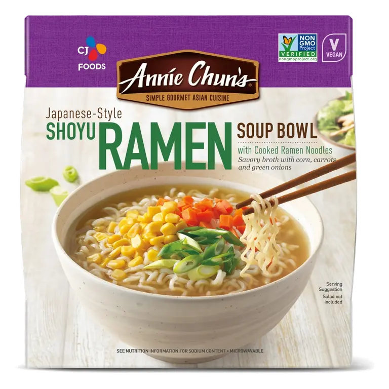 Japanese-Style Shoyu Ramen with Cooked Ramen Noodles Savory Broth with Corn, Carrots and Green Onions Soup Bowl