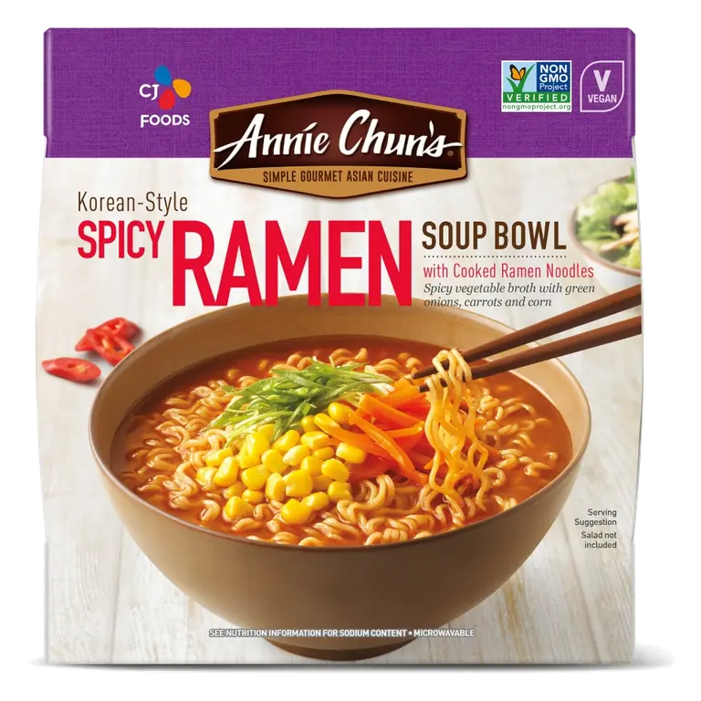 Korean-Style Spicy Ramen Soup Bowl with Cooked Ramen Noodles Spicy Vegetables Broth with Green Onions, Carrots and Corn