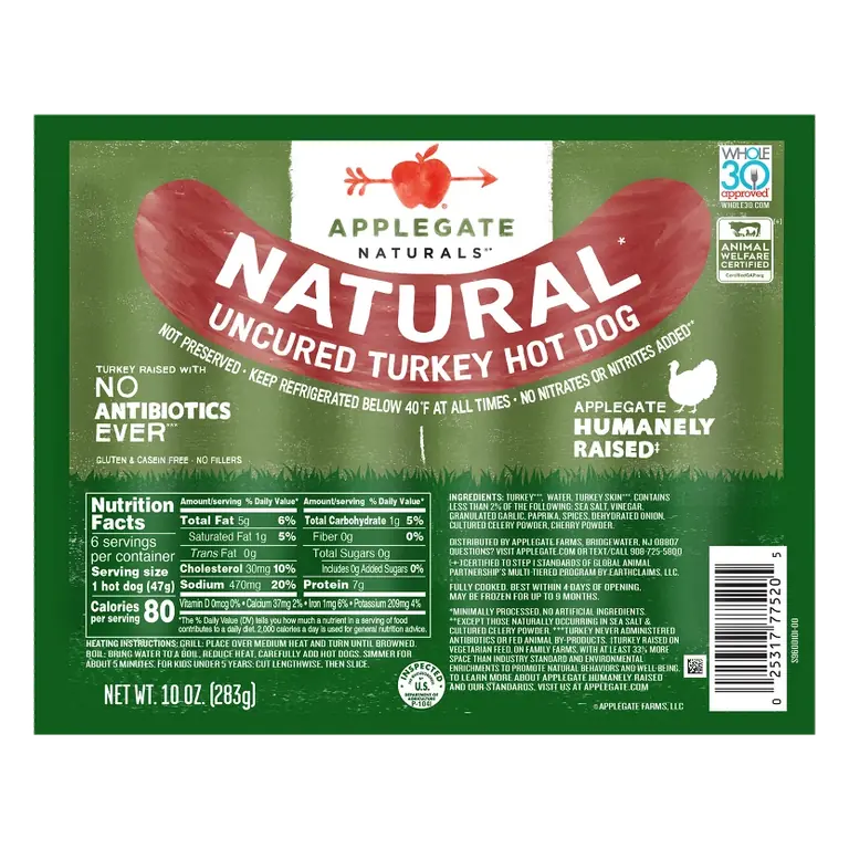 Applegate Uncured Turkey Hot Dog, 10oz: Certified Gluten-Free, Sugar-Free, Dairy-Free