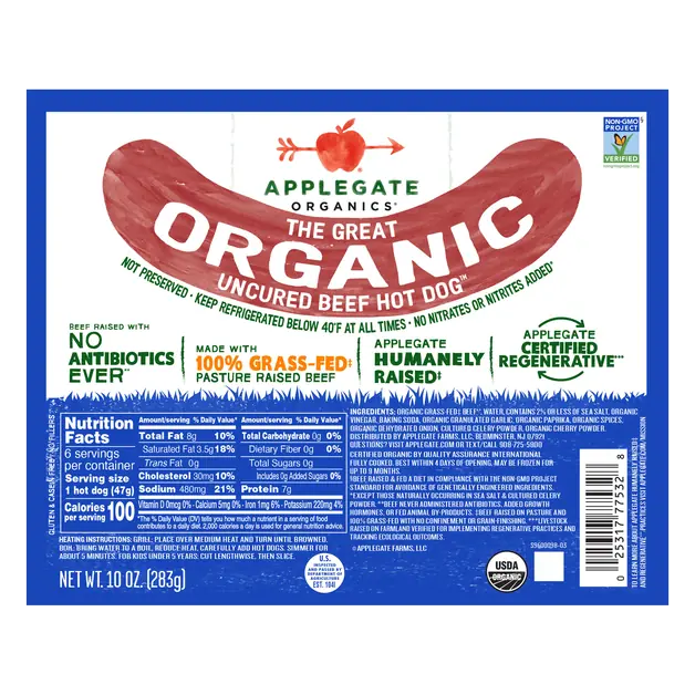 Organics 100% Grass-fed Uncured Beef Hot Dogs - 6 ct