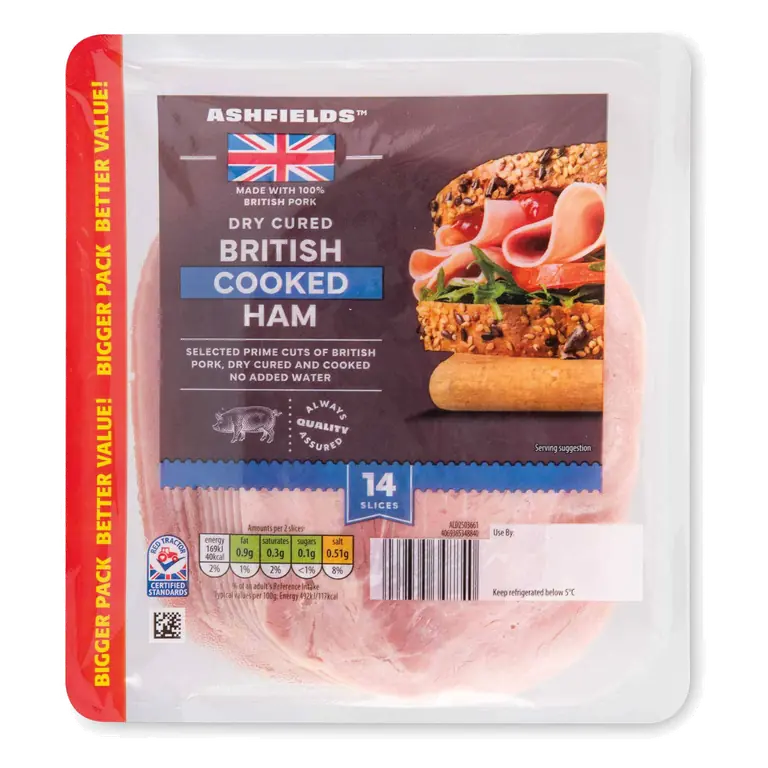 British Dry Cured Oak Smoked Ham Family Pack 14 Slices