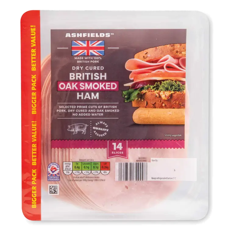 British Dry Cured Oak Smoked Ham Family Pack 14 Slices