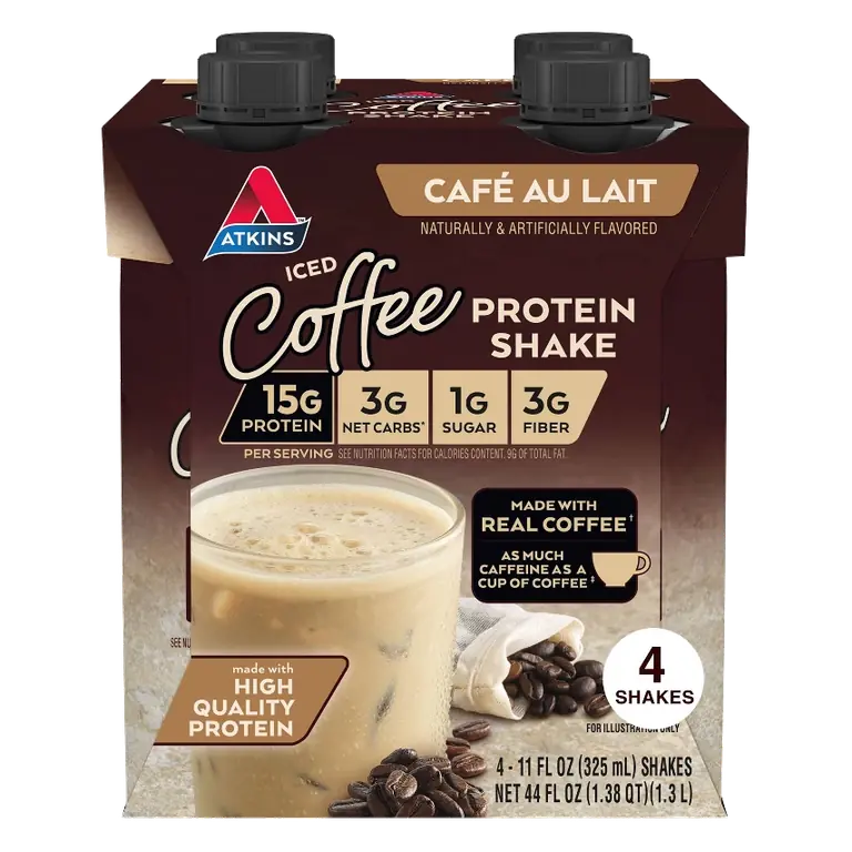 Atkins Café au Lait Iced Coffee Caffeinated Soy Protein Shake, 4pk/44 fl oz