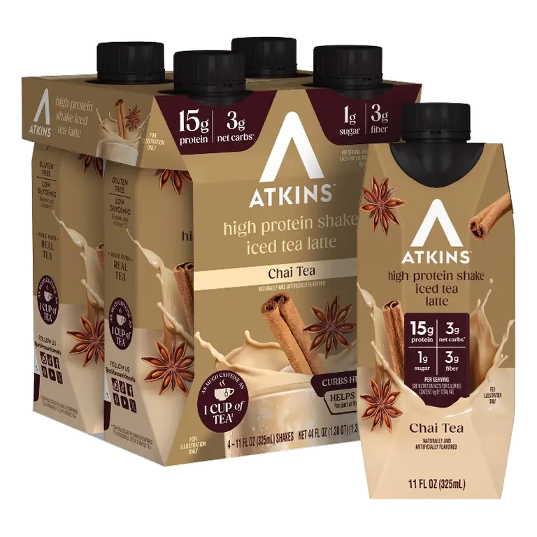 Atkins Chai Tea Latte Caffeinated Protein Shake, 4ct/44 fl oz: Ready to Drink, Liquid Nutritional Drink