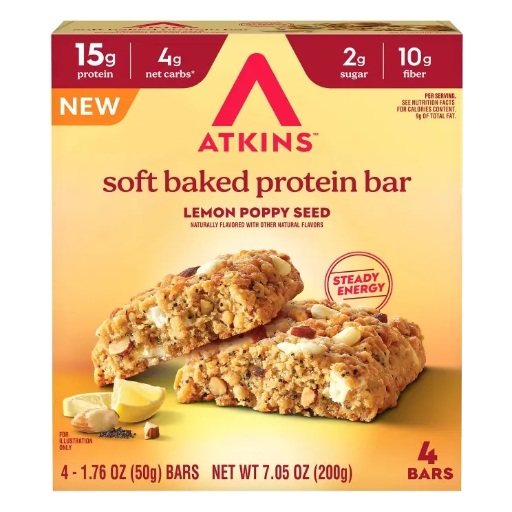 Atkins High Protein Bars - Soft Baked Lemon Poppy Seed - 7.05oz/4pk - 15gms Protein