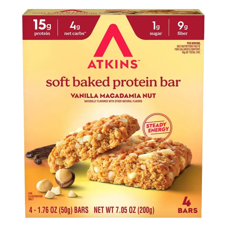 Atkins High Protein Soft Baked Vanilla Macadamia Nut Soy Protein Bars - 15g Protein - 7.05oz/4pk