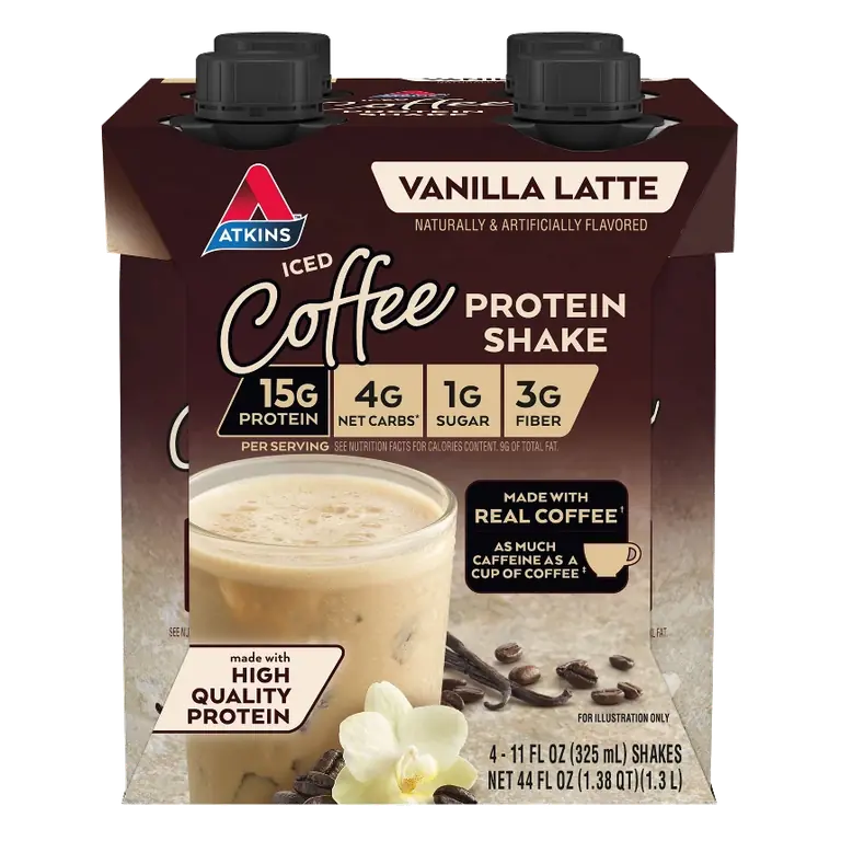 Atkins Iced Coffee Vanilla Latte Caffeinated Protein Shake, 4pk/44 fl oz