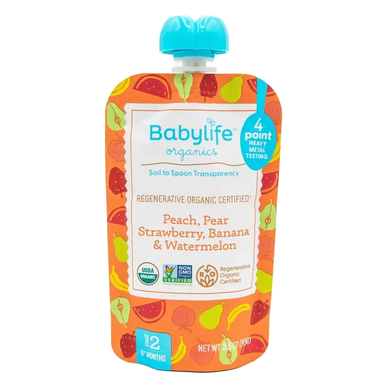 Babylife Organics Peach Pear Strawberry Banana and Watermelon Baby Food Pouch, 3.5oz: 10 Months and Up, 2nd Stage, Pureed Baby Food, Ready to Eat
