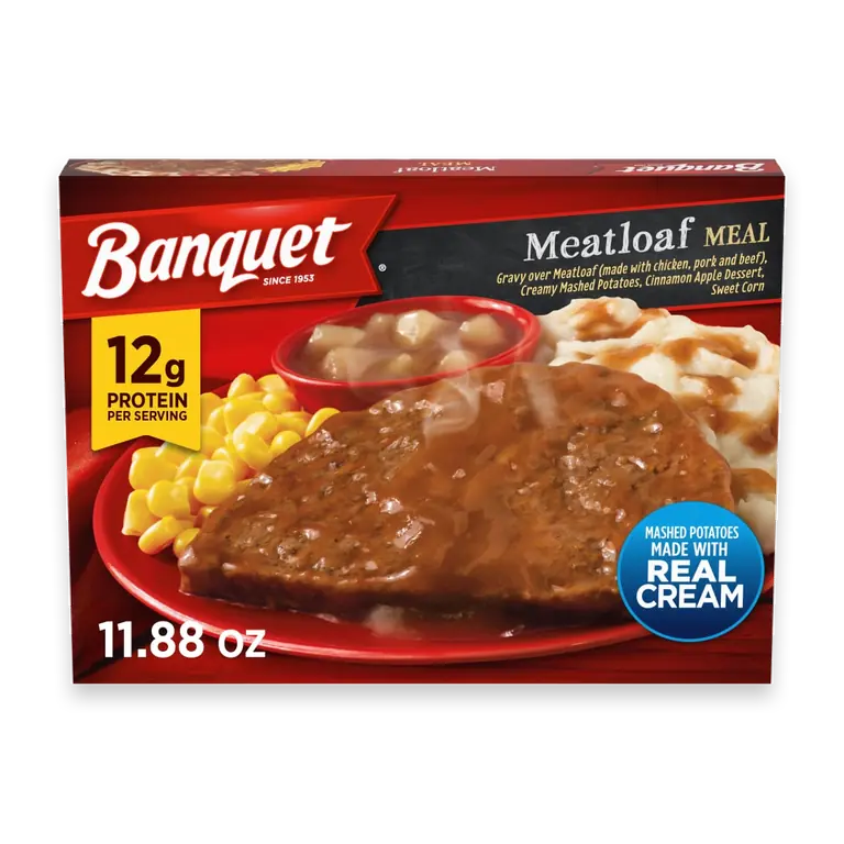 Meatloaf with Mashed Potatoes and Cinnamon Apple Dessert, Frozen Meal