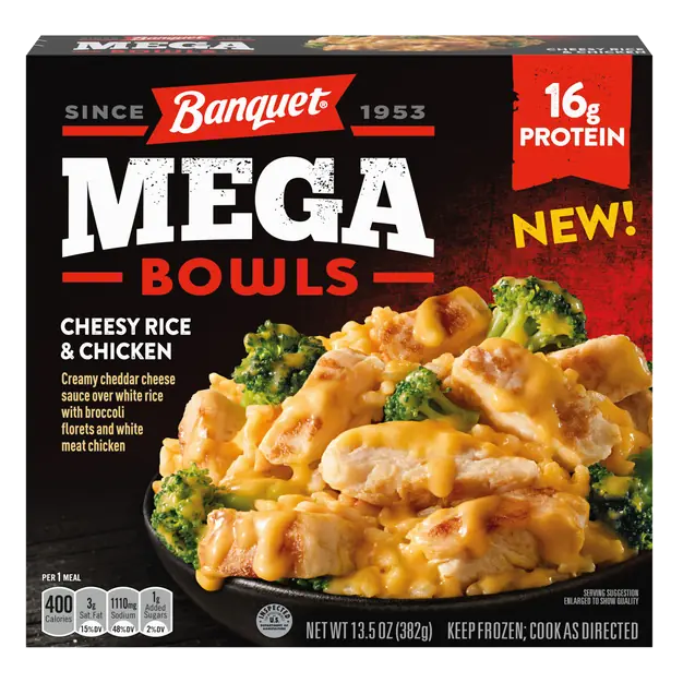 Banquet MEGA Bowls Cheesy Rice & Chicken, Frozen Meal, 13.5 oz.
