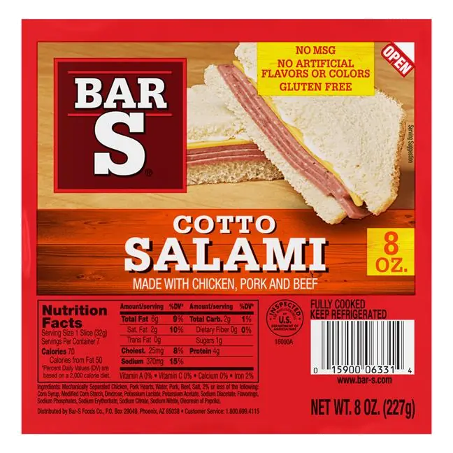 Bar-S Cotto Salami, Gluten Free, No MSG, Sliced Deli Lunch Meat, 8oz