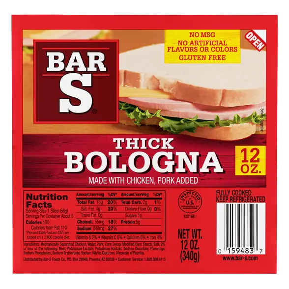 Bar-S Thick Bologna, Gluten Free, No MSG, 12oz