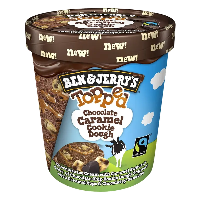 Chocolate Caramel Cookie Dough Chocolate Ice Cream with Caramel Swirls & Gobs of Chocolate Chip Cookie Dough Topped with Chocolatey Ganache & Caramel Cups