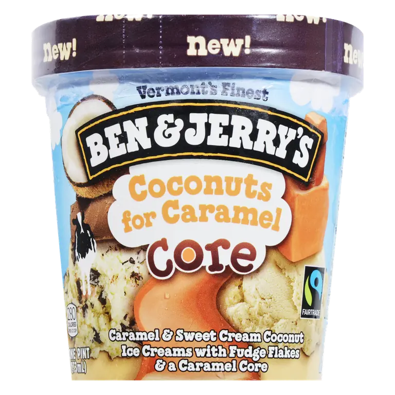 Coconuts For Caramel Core Caramel & Sweet Cream Coconut Ice Creams with Fudge Flakes & a Caramel Core