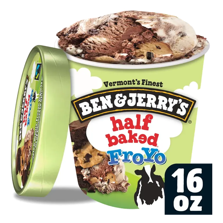 Half Baked Froyo Chocolate & Vanilla Frozen Yogurts Mixed with Gobs of Chocolate Chip Cookie Dough & Fudge Brownies