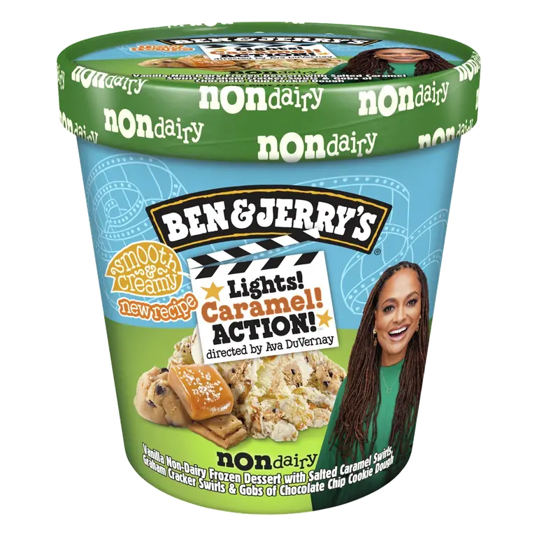 Lights, Caramel, Action! Vanilla Non-Dairy Frozen Dessert with Salted Caramel Swirls, Graham Cracker Swirls & Gobs of Chocolate Chip Cookie Dough