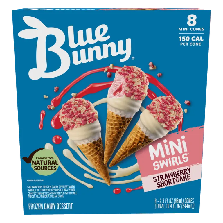 Strawberry Shortcake Frozen Dairy Dessert with a Swirl of Strawberry Dipped in Whipped Cream Flavored Coating Topped with Cake Pieces All Inside a Shortbread Mini Cones