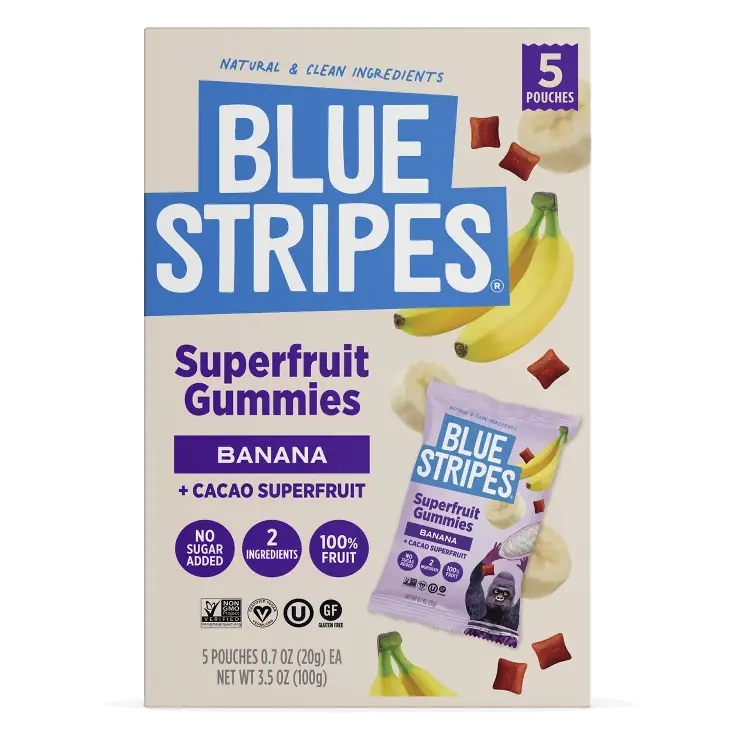BLUE STRIPES Superfruit Gummies Banana and Cacao Fruit, 3.5oz/5pk
