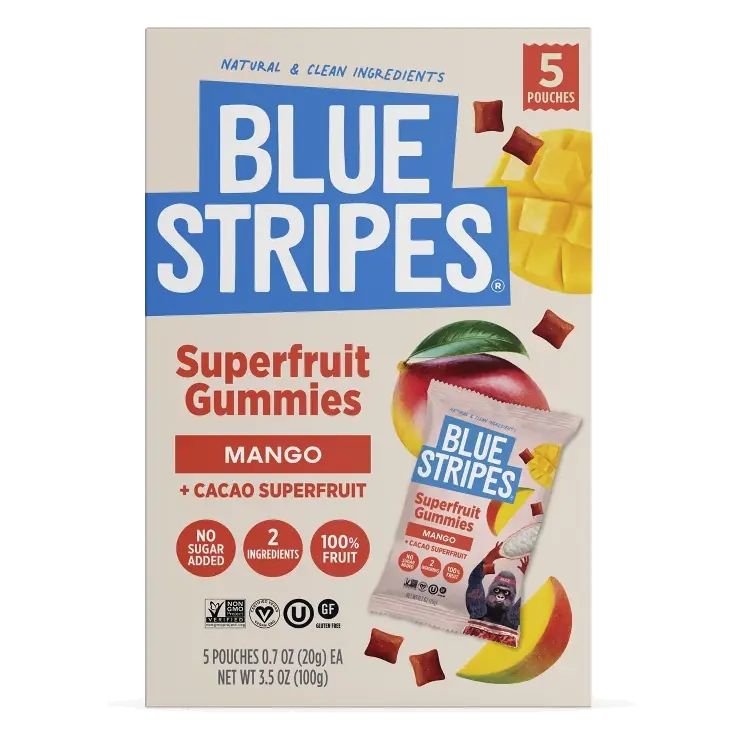 BLUE STRIPES Superfruit Gummies Mango and Cacao Fruit, 3.5oz/5pk