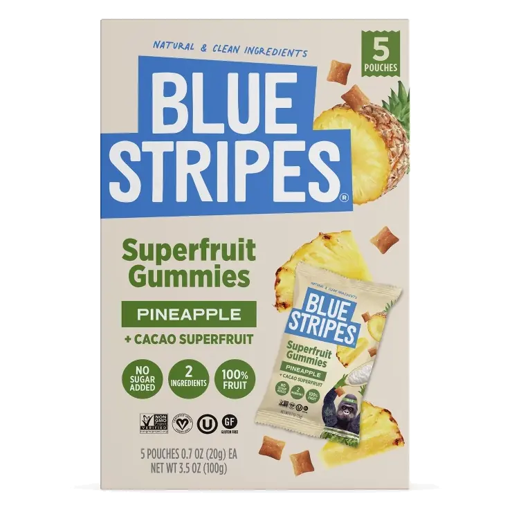 BLUE STRIPES Superfruit Gummies Pineapple and Cacao Fruit, 3.5oz/5pk