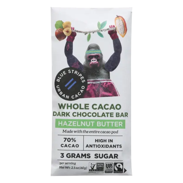 Blue Stripes Whole Cacao Hazelnut Butter Dark Chocolate Bar