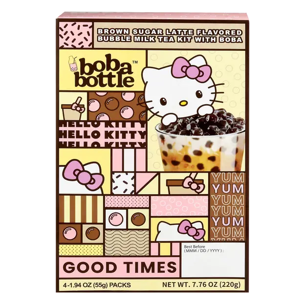 Hello Kitty Boba Bottle Brown Sugar Latte Bubble Milk Tea with Boba 4-1.94 oz Packs