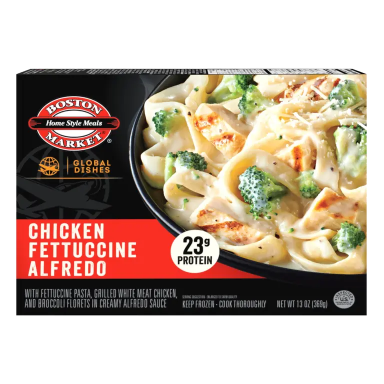 Chicken Fettuccine Alfredo with Fettuccine Pasta, Grilled White Meat Chicken, and Broccoli Florets in Creamy Alfredo Sauce