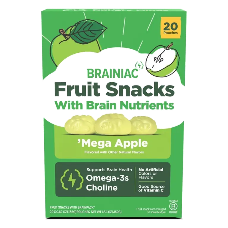 Brainiac Fruit Snacks with Omega-3s Mega Apple, 12.4oz/20ct: Certified Gluten-Free, No Artificial Colors, B Corp Certified