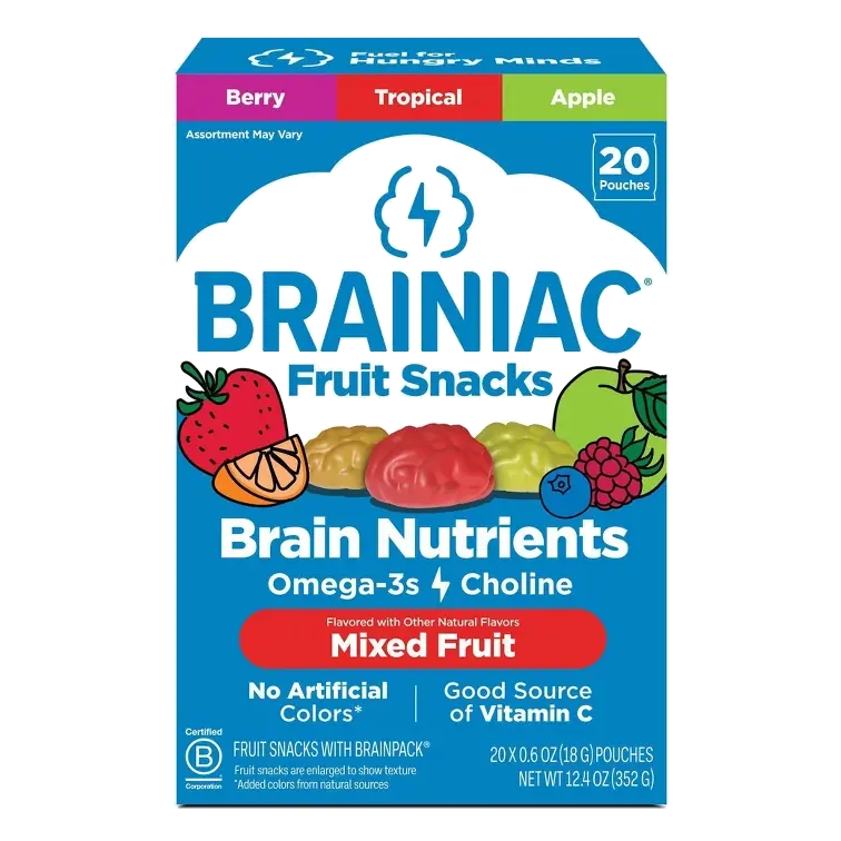 Brainiac Fruit Snacks with Omega-3s Mixed Fruit, 12.4oz/20ct: Certified Gluten-Free