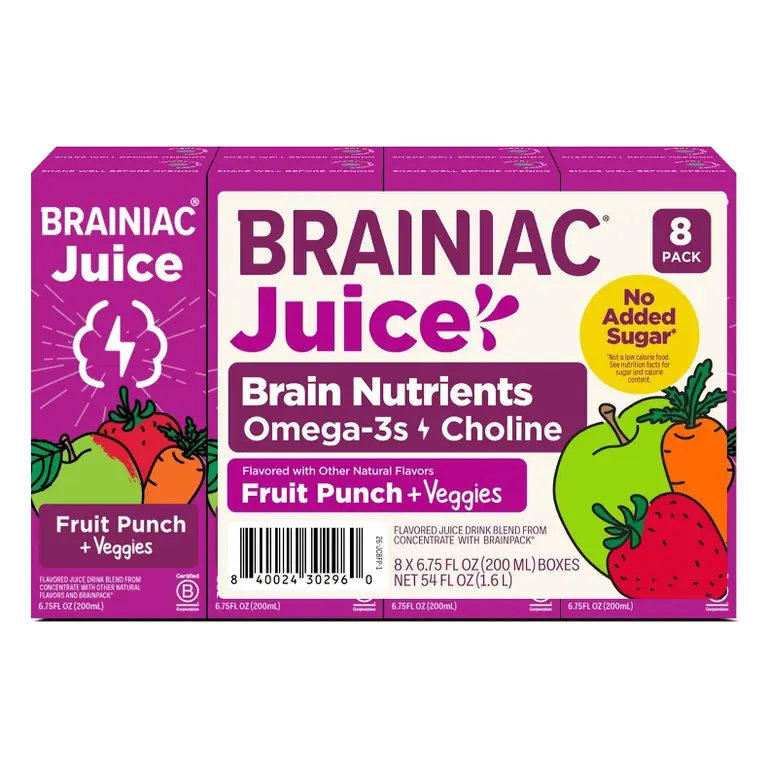 Brainiac Super Fruit Punch Juice Drink 8 pk/6.75 fl oz Boxes: Non-Caffeinated, 50% Juice Content