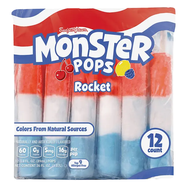 Monster Pops Rocket Blue Rasp Lemon Cherry Ice Pops 12 ct