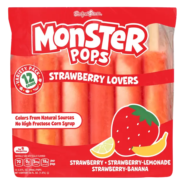Monster Pops Strawberry Lovers Ice Pops Variety - 12 ct