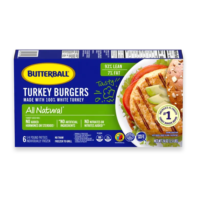 Frozen Turkey Burgers, All Natural White, 1/4 lb Patties, 6 Count/ 1.5 lbs