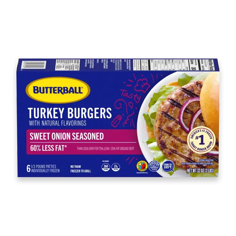 Frozen Turkey Burgers, Sweet Onion Seasoned, 1/3 lb Patties