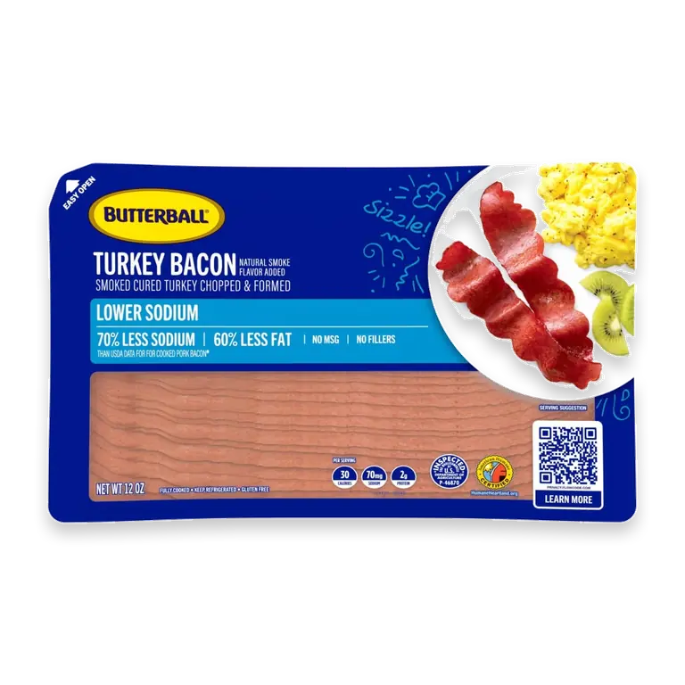 Turkey Bacon, Lower Sodium, Smoke-Cured, Chopped and Formed, 12 oz