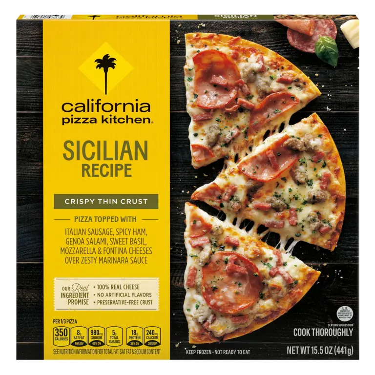 Sicilian Recipe Topped with Italian Sausage, Spicy Ham, Genoa Salami, Sweet Basil, Mozzarella & Fontina Cheeses Over Zesty Marinara Sauce Crispy Thin Crust Pizza