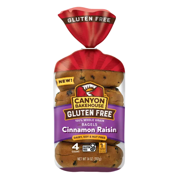 Canyon Bakehouse Gluten Free Cinnamon Raisin Bagels, Whole Grain Bagels, Frozen, 4 Count