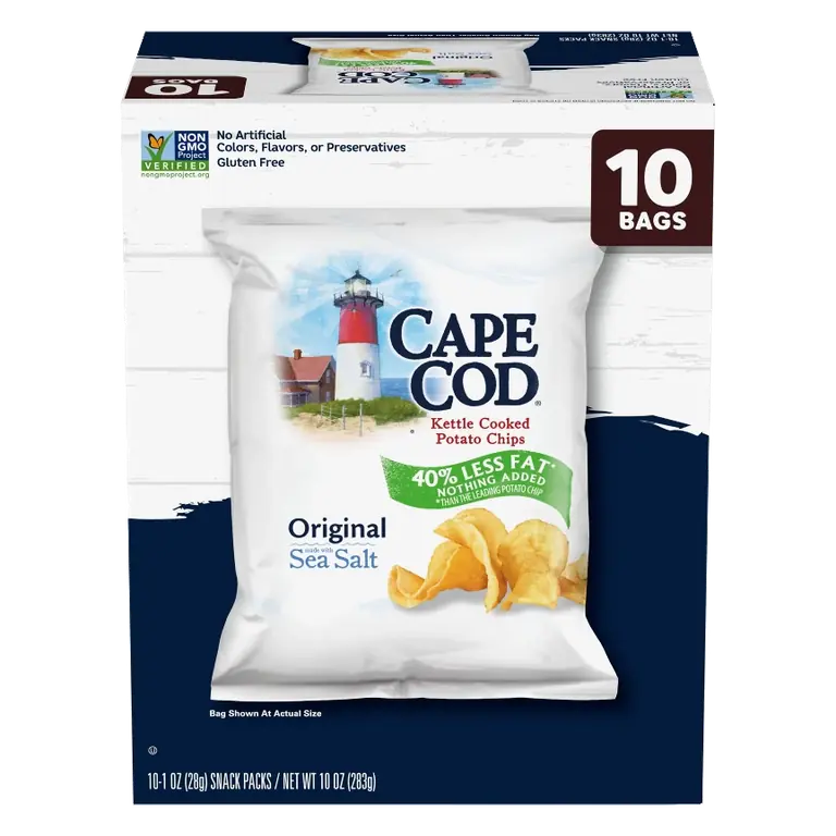 Cape Cod Potato Chips Original Less Fat Kettle Chips 1oz Snack s, 10oz/10ct: Vegan, Gluten-Free, No Added Sugar