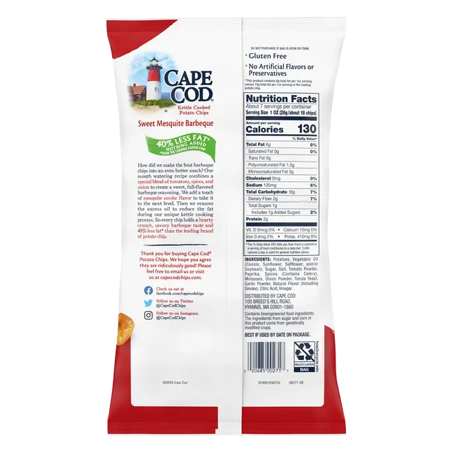 Cape Cod Less Fat Sweet Mesquite Barbeque Chips, 7.5 Oz Bag