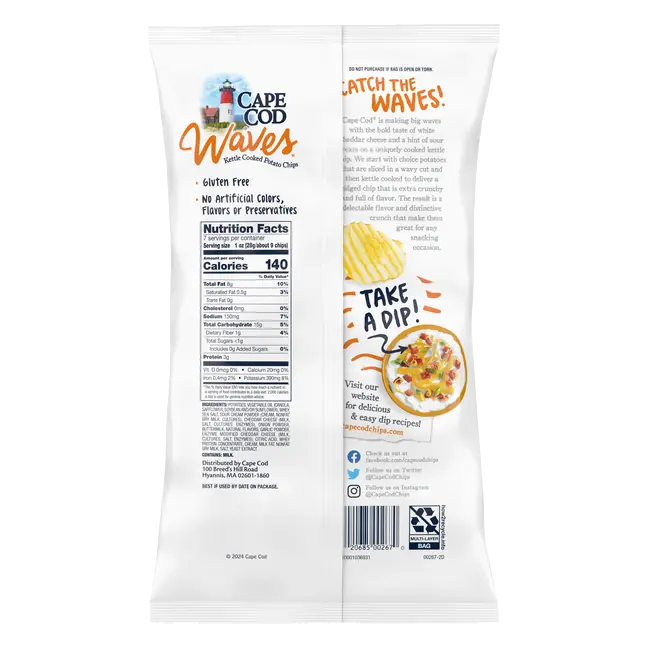 Cape Cod Waves Potato Chips, Wavy Cut White Cheddar & Sour Cream Kettle Chips, 7 Oz
